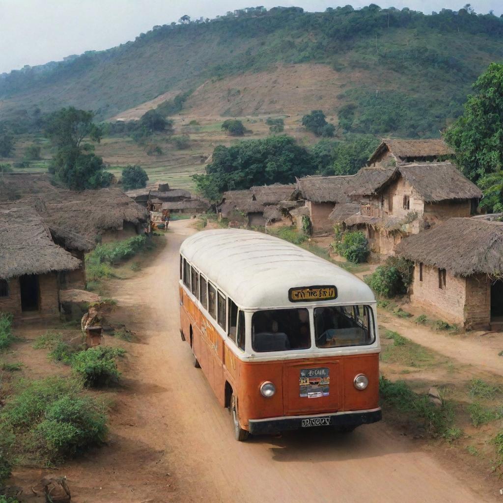 An ancient bus entering a typical Indian village in the year 2000, with rustic houses, villagers, and rural scenery around.