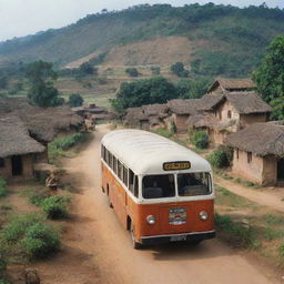 An ancient bus entering a typical Indian village in the year 2000, with rustic houses, villagers, and rural scenery around.