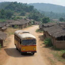 An ancient bus entering a typical Indian village in the year 2000, with rustic houses, villagers, and rural scenery around.