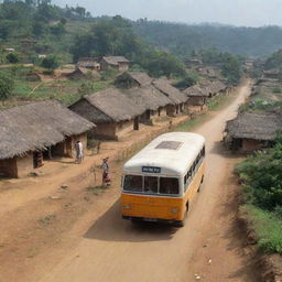 An ancient bus entering a typical Indian village in the year 2000, with rustic houses, villagers, and rural scenery around.