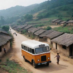 An ancient bus entering a typical Indian village in the year 2000, with rustic houses, villagers, and rural scenery around.