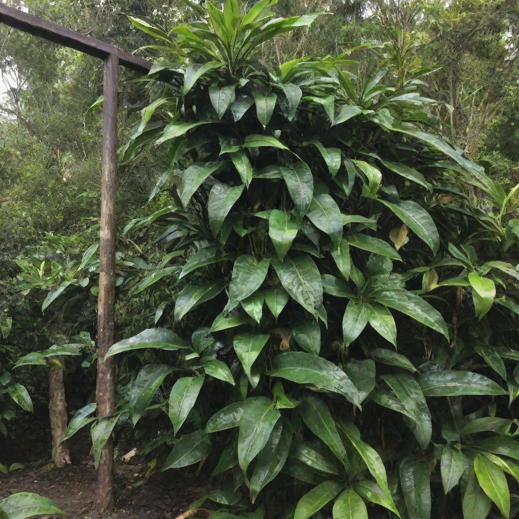 A lush vanilla plant in a tropical environment, with rich, green leaves curling around a trellis and ripe, dark brown vanilla pods hanging.