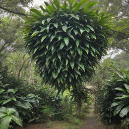 A lush vanilla plant in a tropical environment, with rich, green leaves curling around a trellis and ripe, dark brown vanilla pods hanging.