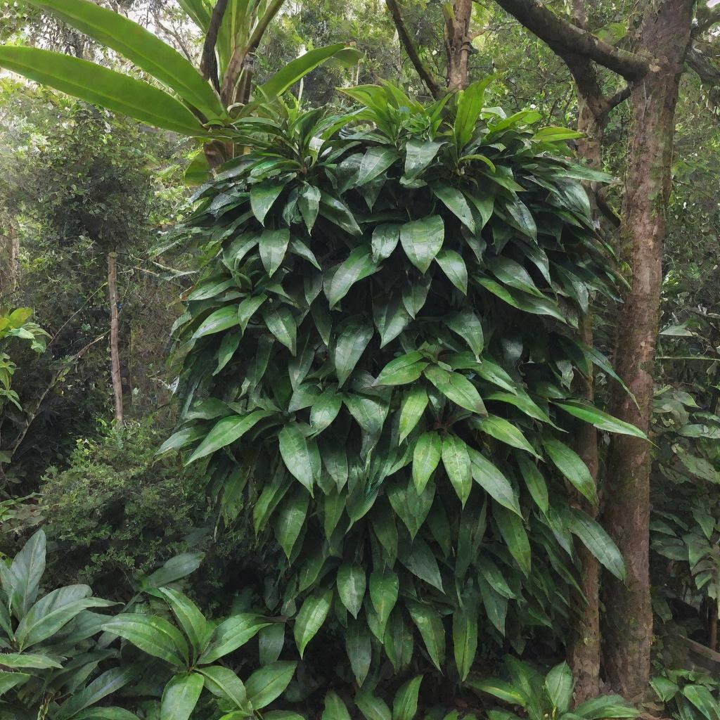 A lush vanilla plant in a tropical environment, with rich, green leaves curling around a trellis and ripe, dark brown vanilla pods hanging.