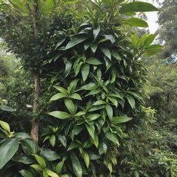 A lush vanilla plant in a tropical environment, with rich, green leaves curling around a trellis and ripe, dark brown vanilla pods hanging.