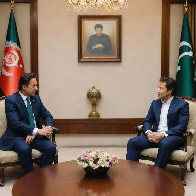 A realistic meeting between Imran Khan and a person named Akhunzada in an elegant conference room. Both are dressed professionally and engaging in a friendly discussion.