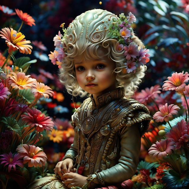 A hyper-realistic 3D image of an intelligent alien child in Rococo attire playing joyfully in a vibrant alien garden filled with warm, colourful flowers.