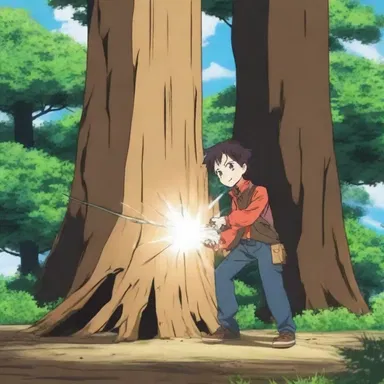 In the latest episode of the anime, the protagonist used a power saw to cut through a massive tree.