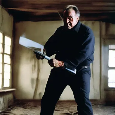 In the horror movie, the villain menacingly brandished a power saw as his weapon of choice.