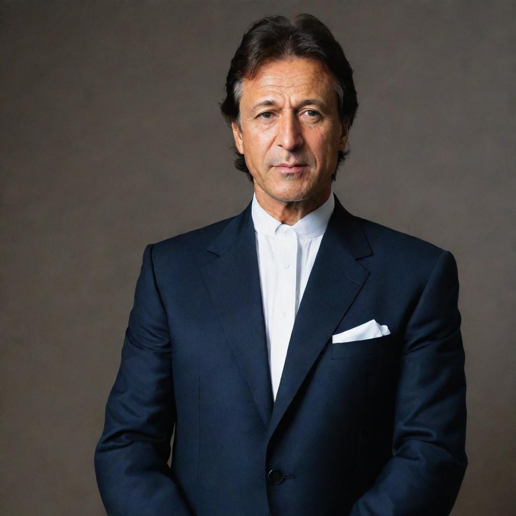 A detailed, respectful portrait of Imran Khan, the former international cricketer, and currently the prime minister of Pakistan, in a formal suit.