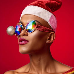 Sassy and glamorous Santa Claus, representing the LGBTQ+ community, displaying pride and joy while having a feminine glow-up.