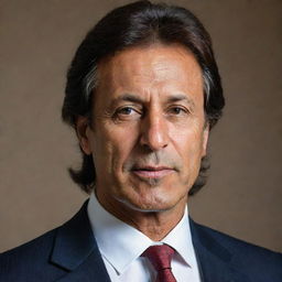 A detailed, respectful portrait of Imran Khan, the former international cricketer, and currently the prime minister of Pakistan, in a formal suit.