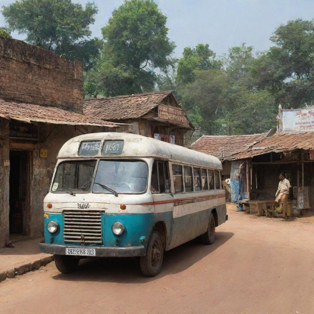 An aged bus arriving at the entrance of an Indian village, flanked by weathered shops, set in the year 2000.