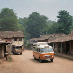 An aged bus arriving at the entrance of an Indian village, flanked by weathered shops, set in the year 2000.