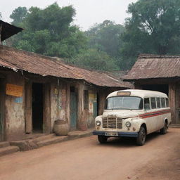 An aged bus arriving at the entrance of an Indian village, flanked by weathered shops, set in the year 2000.