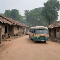 An aged bus arriving at the entrance of an Indian village, flanked by weathered shops, set in the year 2000.