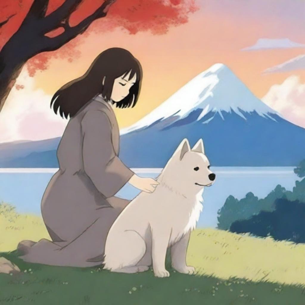 A digital art image in the highest quality, showcasing Kaonashi, the iconic character from Studio Ghibli, gently patting an Akita dog