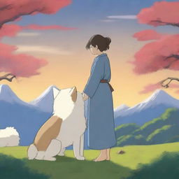 A digital art image in the highest quality, showcasing Kaonashi, the iconic character from Studio Ghibli, gently patting an Akita dog