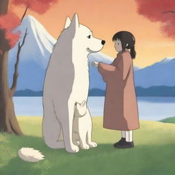 A digital art image in the highest quality, showcasing Kaonashi, the iconic character from Studio Ghibli, gently patting an Akita dog