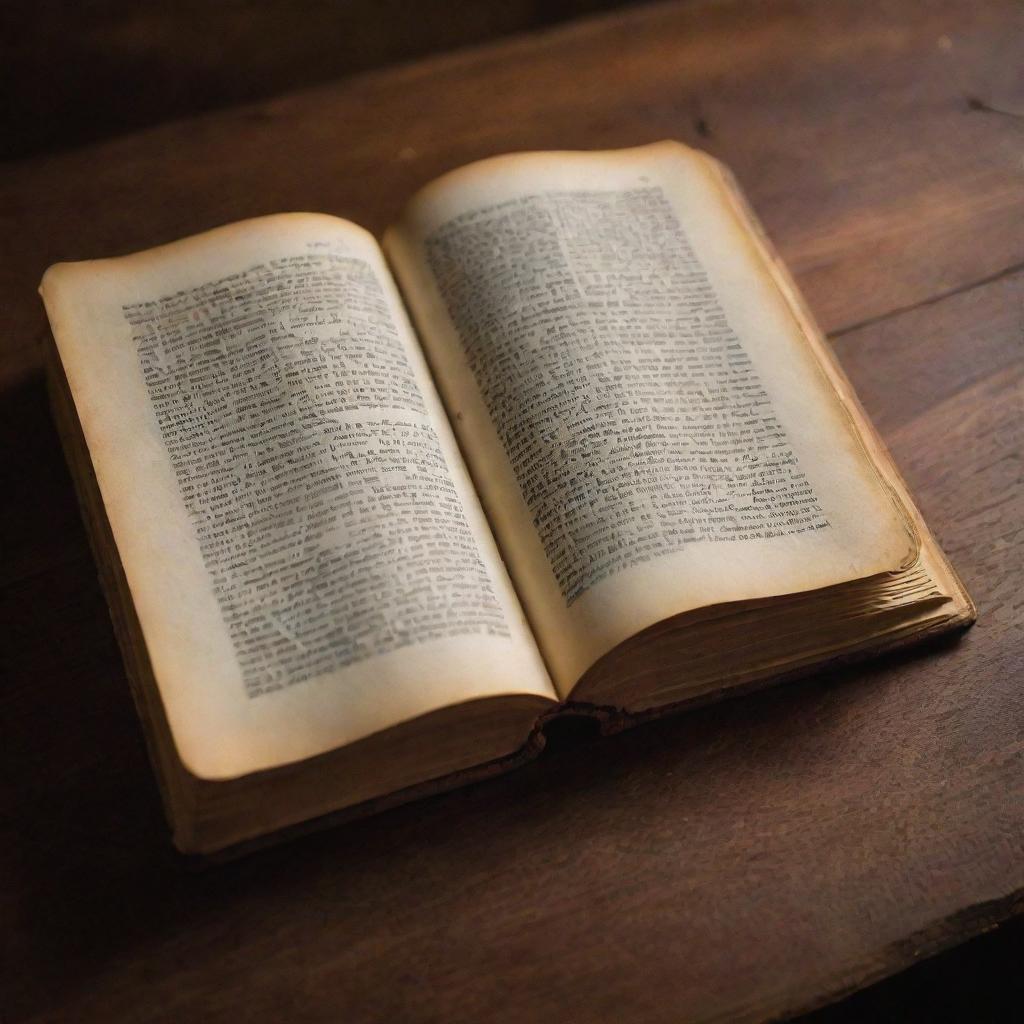 A visually striking and detailed image of a vintage book, open with golden-edged pages, lying on a rustic wooden table under soft, warm lighting.