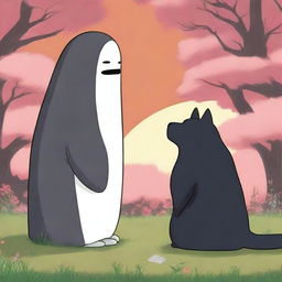 A high-quality digital art image featuring Kaonashi, also known as No-Face, from Studio Ghibli, interacting with an Akita dog