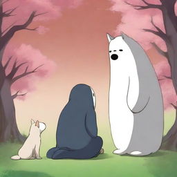 A high-quality digital art image featuring Kaonashi, also known as No-Face, from Studio Ghibli, interacting with an Akita dog