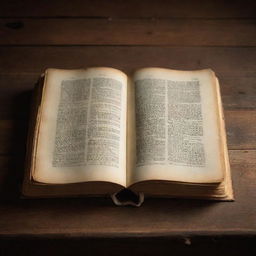 A visually striking and detailed image of a vintage book, open with golden-edged pages, lying on a rustic wooden table under soft, warm lighting.