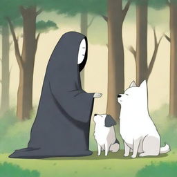 A high-quality digital art image featuring Kaonashi, also known as No-Face, from Studio Ghibli, interacting with an Akita dog