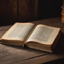 A visually striking and detailed image of a vintage book, open with golden-edged pages, lying on a rustic wooden table under soft, warm lighting.