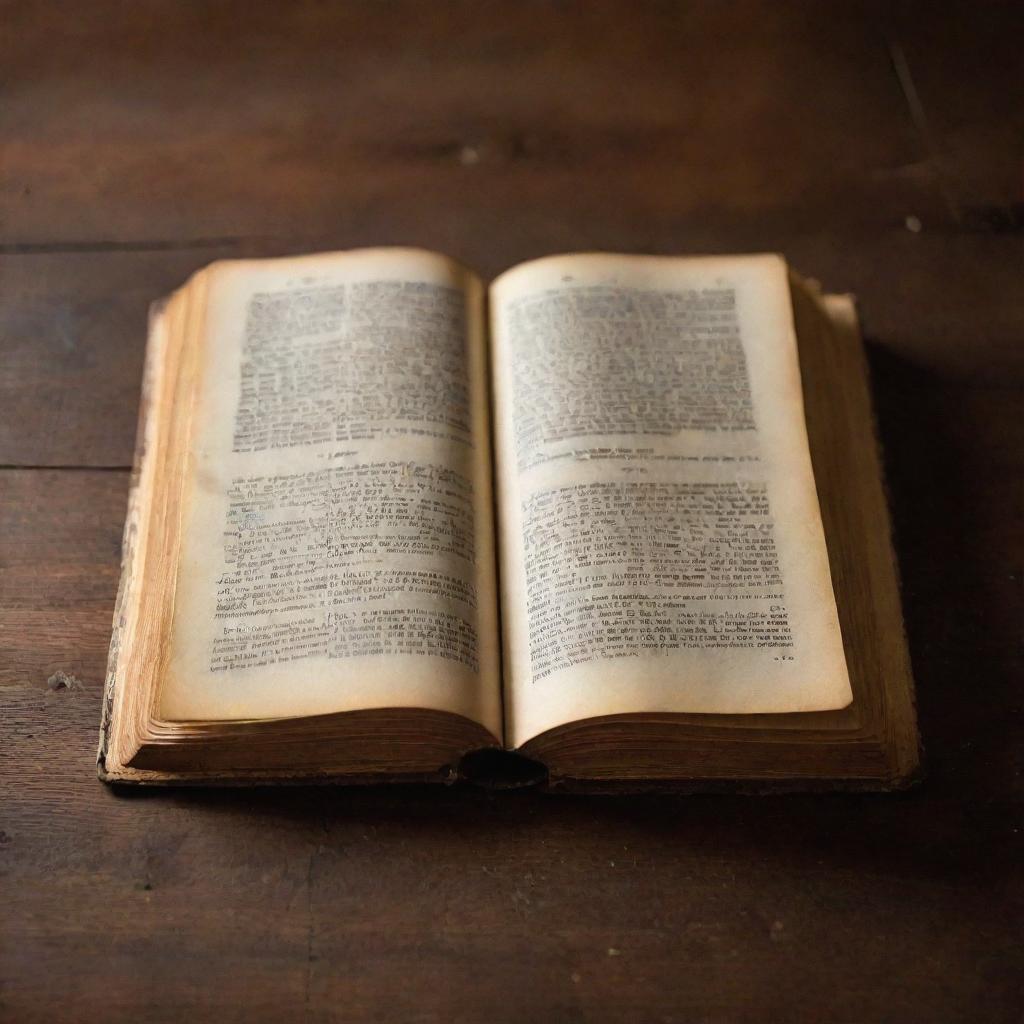 A visually striking and detailed image of a vintage book, open with golden-edged pages, lying on a rustic wooden table under soft, warm lighting.