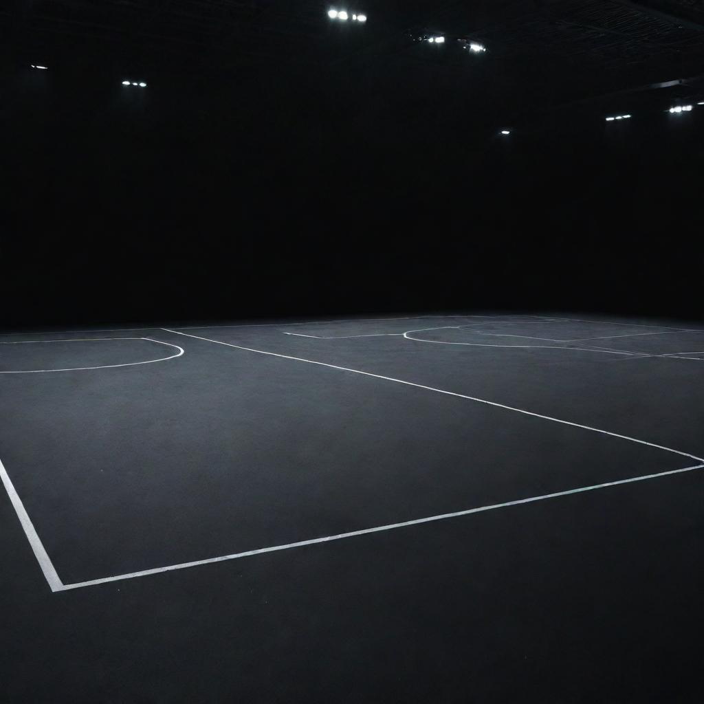 The image of a black court as in a basketball, tennis, or other sports facility. The court is pristinely maintained and shines in the comparatively subdued ambient lighting.