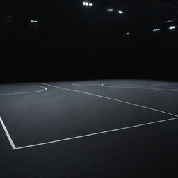 The image of a black court as in a basketball, tennis, or other sports facility. The court is pristinely maintained and shines in the comparatively subdued ambient lighting.