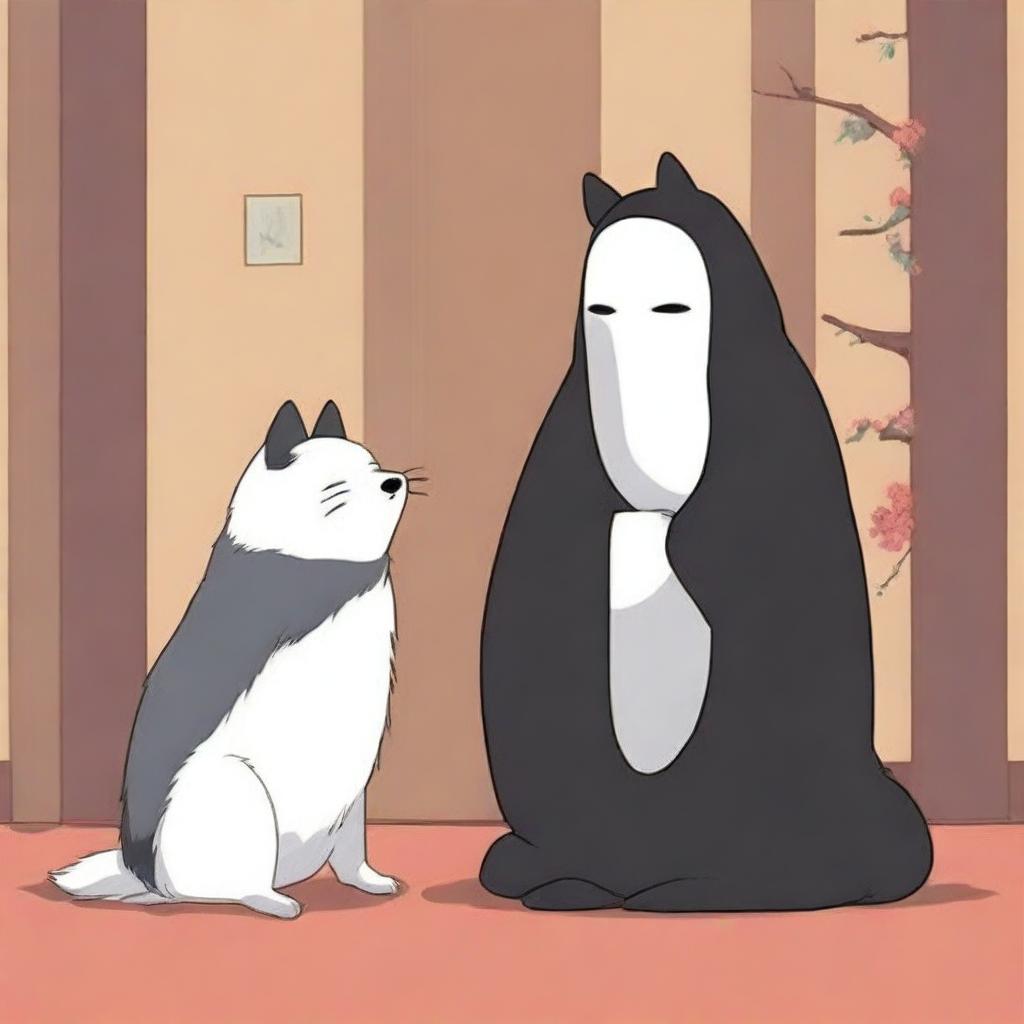 A top-quality digital art image showcasing Kaonashi, also known as No-Face, from the Studio Ghibli universe, gently interacting with an Akita dog