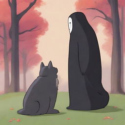 A top-quality digital art image showcasing Kaonashi, also known as No-Face, from the Studio Ghibli universe, gently interacting with an Akita dog