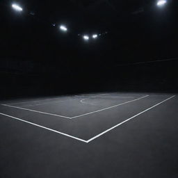 The image of a black court as in a basketball, tennis, or other sports facility. The court is pristinely maintained and shines in the comparatively subdued ambient lighting.