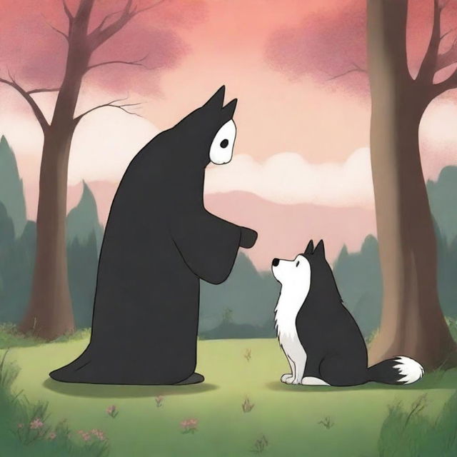 A top-quality digital art image showcasing Kaonashi, also known as No-Face, from the Studio Ghibli universe, gently interacting with an Akita dog