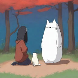 A top-quality digital art image showcasing Kaonashi, also known as No-Face, from the Studio Ghibli universe, gently interacting with an Akita dog