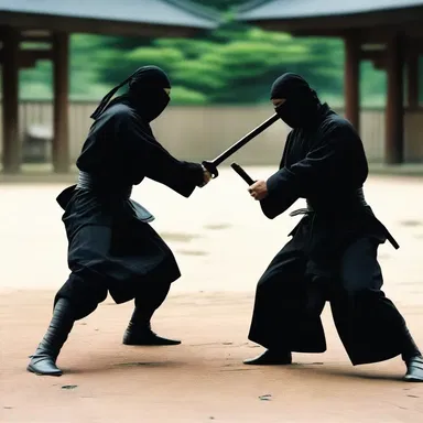 The blockbuster movie 'The Silent Blade' features a thrilling fight scene between the main character, a skilled ninja, and the antagonist.
