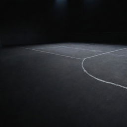 The image of a black court as in a basketball, tennis, or other sports facility. The court is pristinely maintained and shines in the comparatively subdued ambient lighting.