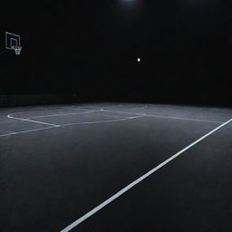 The image of a black court as in a basketball, tennis, or other sports facility. The court is pristinely maintained and shines in the comparatively subdued ambient lighting.