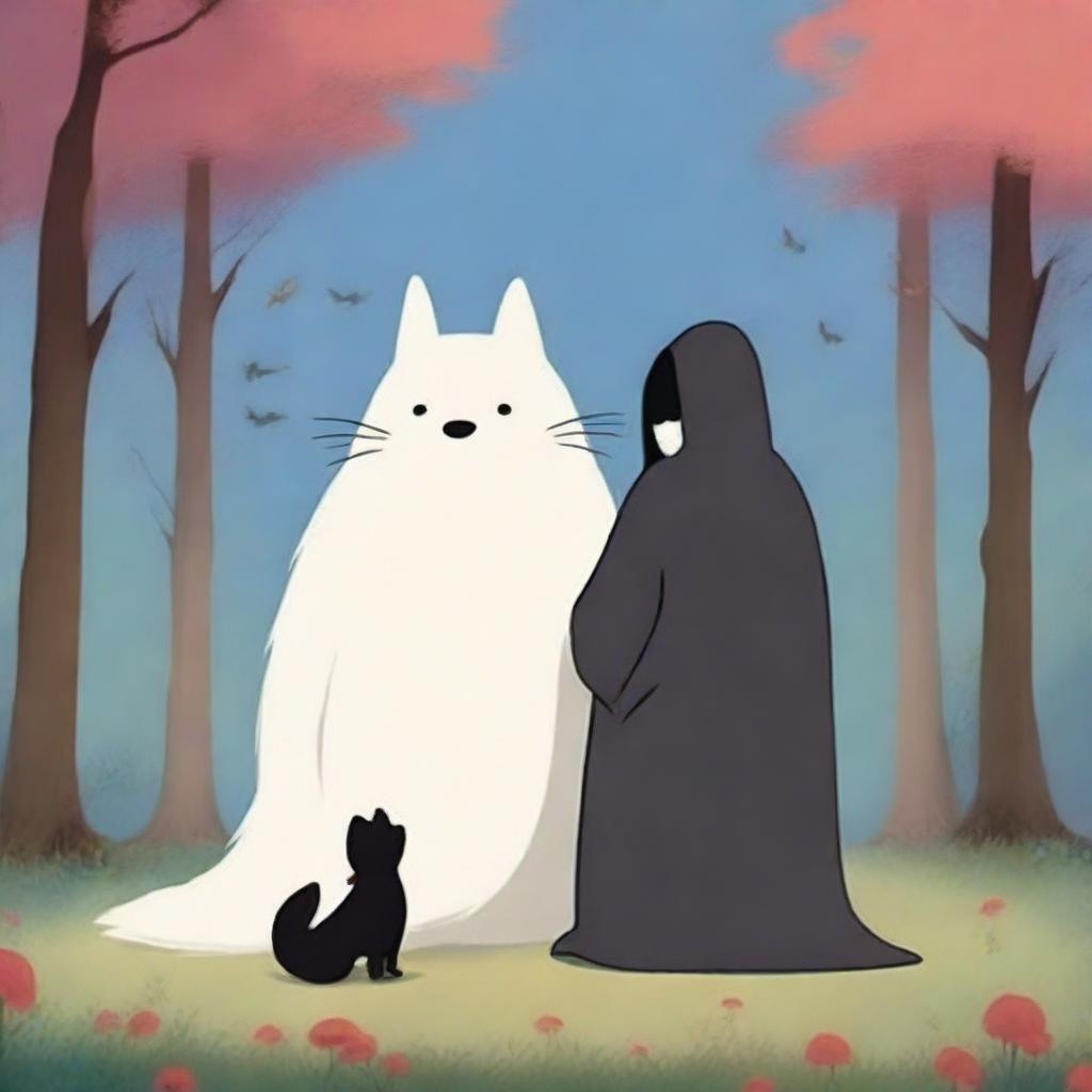 An exquisite digital art image showcasing Kaonashi, also known as No-Face, from the Studio Ghibli universe, sharing a serene moment with an Akita dog