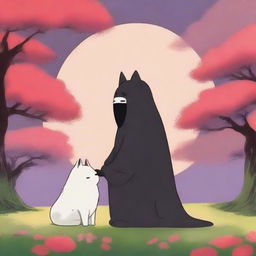 An exquisite digital art image showcasing Kaonashi, also known as No-Face, from the Studio Ghibli universe, sharing a serene moment with an Akita dog