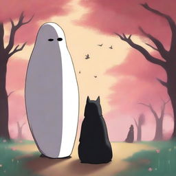 An exquisite digital art image showcasing Kaonashi, also known as No-Face, from the Studio Ghibli universe, sharing a serene moment with an Akita dog