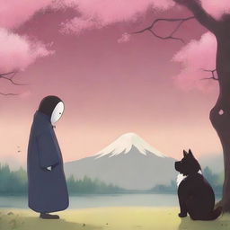 An exquisite digital art image showcasing Kaonashi, also known as No-Face, from the Studio Ghibli universe, sharing a serene moment with an Akita dog