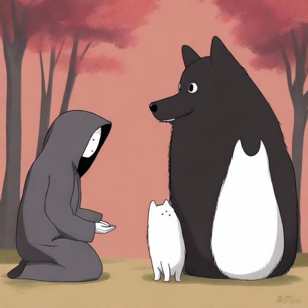 A high-quality digital art image depicting Kaonashi, also known as No-Face, from Studio Ghibli, interacting with an Akita dog