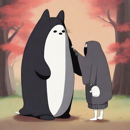 A high-quality digital art image depicting Kaonashi, also known as No-Face, from Studio Ghibli, interacting with an Akita dog