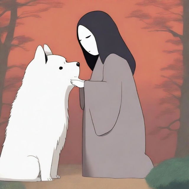 A high-quality digital art image depicting Kaonashi, also known as No-Face, from Studio Ghibli, interacting with an Akita dog