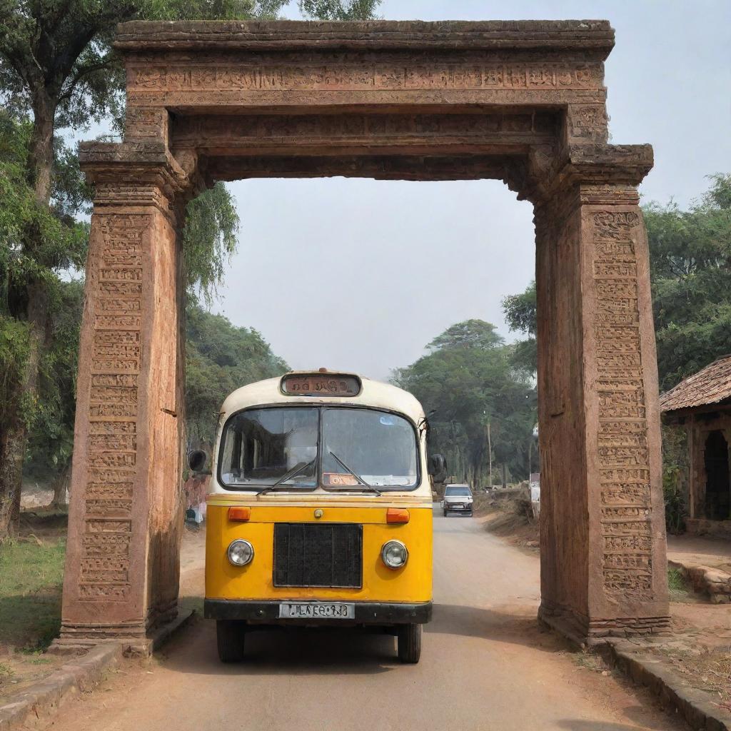 An old bus entering a traditional Indian village through two ancient, long pillars that mark the entrance, set in the year 2000