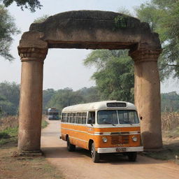 An old bus entering a traditional Indian village through two ancient, long pillars that mark the entrance, set in the year 2000