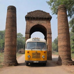 An old bus entering a traditional Indian village through two ancient, long pillars that mark the entrance, set in the year 2000